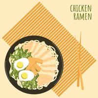 Hühner-Ramen-Suppe mit Essstäbchen auf Bambus-Tischset-Poster. asiatisches Essen mit Nudeln, Hähnchen, Menma, Eiern, Frühlingszwiebeln. beliebtes gericht der chinesischen japanischen koreanischen küche. Vektor-Illustration. vektor