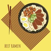 nötkött Ramen soppa med ätpinnar på bambu bordstablett affisch. asiatisk mat med spaghetti, nötkött, svamp, ägg, ärta skott. kinesisk japansk koreanska kök populär maträtt. vektor illustration.