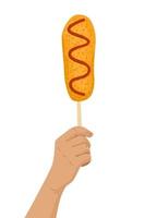 mänsklig hand håll gamja varmkorv på pinne. koreanska gata mat Corn dog. panerad korv med ketchup på pinne. asiatisk mat mellanmål. för baner meny befordran. vektor illustration.