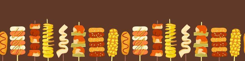 koreanisches streetfood-banner. horizontales, nahtloses muster aus asiatischen stick-snacks. Corndog, Reis- und Hähnchenspieße, Tornadokartoffel, Fischkuchen. niedliche bunte asiatische geschirrgrenze. Vektor-Illustration. vektor