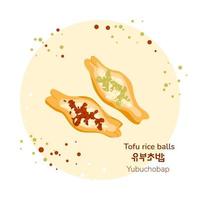 traditionelles koreanisches straßenessen tofu-reisbällchen mit unterschiedlichem füllposter. koreanisches Yubuchobap. Übersetzung aus koreanischen Tofu-Reisbällchen. asiatischer Imbiss. Vektor-Illustration. vektor
