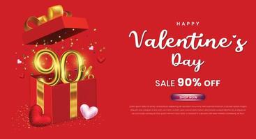 valentinstag verkauf 90 prozent rabatt aktions- oder einkaufsvorlage mit geschenkbox und 3d-nummer vektor