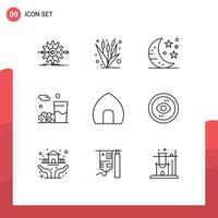 Stock Vector Icon Pack mit 9 Zeilenzeichen und Symbolen für Kareem Food Farming Drink Night editierbare Vektordesign-Elemente