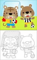 Malbuch mit niedlichen Tigern und Bären im Fußballkostüm, die den Ball auf dem Fußballplatz halten vektor