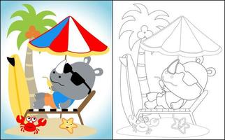 Malbuch oder Seite, lustiger Nashorn-Cartoon, der auf Liegestühlen liegt und sich unter Kokospalme mit Krabben und Seesternen entspannt vektor