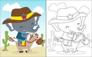 vektor illustration av färg bok med liten elefant tecknad serie i cowboy kostym ridning en häst