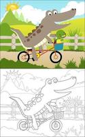 vektorillustration des malbuches, radfahren mit krokodil- und schildkrötenkarikatur vektor