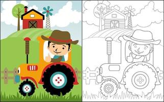 malbuch oder seite mit jungem landwirtkarikaturreittraktor auf landwirtschaftlichem hintergrund vektor