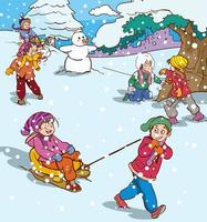 söt liten barn spelar i de snö i vinter- och framställning en snögubbe tecknad serie vektor