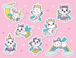 Aufkleberpaket mit gezeichneten niedlichen Cartoon-Katzenfeen mit einem Zauberstab in verschiedenen Posen im Doodle-Stil. Vektor-illustration Sammlung von Katzenzeichen