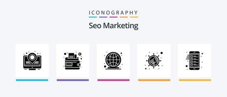 SEO-Marketing-Glyphe 5 Icon Pack inklusive . Handy, Mobiltelefon. weltweit. Zwischenablage. viral. kreatives Symboldesign vektor