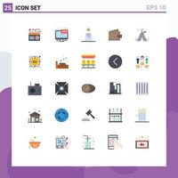 flache Farbpackung mit 25 universellen Symbolen für Zelt-Geldbörsen-Live-Geldbeutel-Strand-editierbare Vektordesign-Elemente vektor