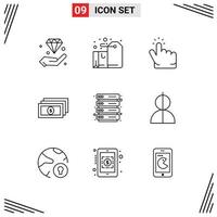 Aktienvektor-Icon-Paket mit 9 Zeilenzeichen und Symbolen für das Hosten von handbearbeitbaren Vektordesign-Elementen für Geldlabel-Dollar vektor