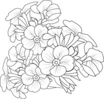 Primel Blumenstrauß aus schwarz-weißen Umrissen Vektor Malbuchseite für Erwachsene und Kinder Blumen mit Blättern Knospen von Hand gezeichnete Blumen, isoliert auf weißem Tintenillustrations-Farbbuch.