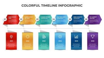 infographic element mall, färgrik tidslinje layout design med 6 punkt, alternativ, lista, företag data visualisering vektor