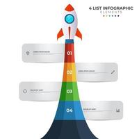 Listendiagramm mit 4 Schrittpunkten, Sequenz, buntem Raketenstartstart, Infografik-Elementvorlagenvektor. vektor