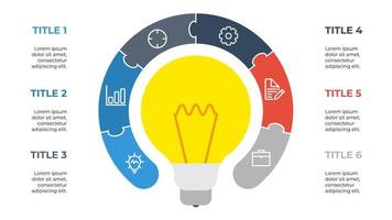 6 poäng cirkulär pussel infographic element vektor med ljus Glödlampa, kretiv begrepp för steg, alternativ, processer, företag aning, etc