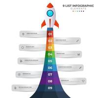 Listendiagramm mit 9 Schrittpunkten, Sequenz, buntem Raketenstartstart, Infografik-Elementvorlagenvektor. vektor