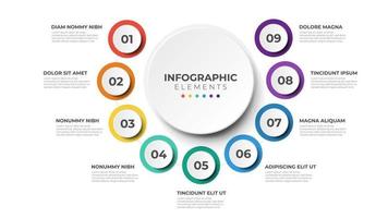 9 Liste von Schritten, kreisförmiges Layoutdiagramm mit Anzahl der Sequenzen, Infografik-Elementvorlage vektor