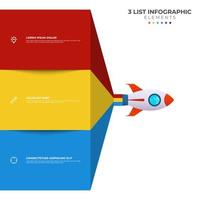 Listendiagramm mit 3 Schritten, Sequenz, buntem Raketenstartstart, Infografik-Elementvorlagenvektor. vektor