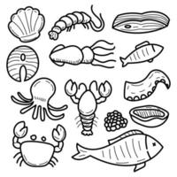 Reihe von Meeresfrüchte-Doodle-Illustrationen mit niedlichem Design isoliert auf weißem Hintergrund vektor