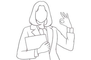 ung affärskvinna som visar ok gest hand dragen stil vektor illustration