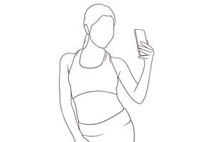 skön flicka i kondition kostym ta en selfie hand dragen stil vektor illustration