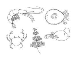 Vektor-Seefisch-Doodle-Set. hand gezeichnete gekritzellebensillustration des meeres. verschiedene arten von fischen, krabben, garnelen, meerespflanze. vektor
