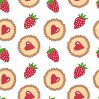 nahtloses Muster des Erdbeer- und Herzplätzchens. Vektor handgezeichneten Hintergrund.