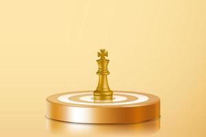 3D-Schachfigur aus Goldkönig in der Mitte der goldenen Dartscheibe. Volltreffer im Ziel. geschäftsinvestitionsziel, ideenherausforderung, objektive strategie, jahresfokuskonzeptillustration vektor