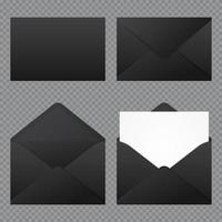 uppsättning av realistisk svart kuvert mockup. realistisk svart kuvert i annorlunda positioner. vikta och utvecklas kuvert mockup. vektor illustration