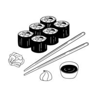 satz von handgezeichneten futomaki mit wasabi, ingwer und sauce vektor