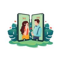 Online-Dating-App-Illustration, Chat-Paar, Text, SMS, Liebe, Streichholz, Handy, Blätter, Farbverlauf, Charaktervektorillustration. vektor