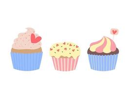 Reihe von bunten Cupcakes mit Herzdekoration. handgezeichneter Doodle-Stil vektor