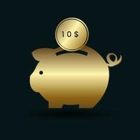10 usd goldmünze in goldenes sparschwein stecken, geld sparen konzept vektor illustration design.
