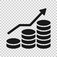 Symbol für die Erhöhung der Einkommensrate im flachen Stil. Finanzleistungsvektorillustration auf weißem lokalisiertem Hintergrund. Münze mit Wachstumspfeil Geschäftskonzept. vektor
