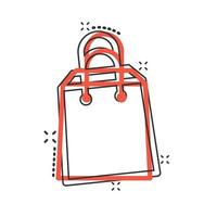 Einkaufstasche-Symbol im Comic-Stil. Handtaschenkarikaturzeichen-Vektorillustration auf weißem lokalisiertem Hintergrund. Paket-Splash-Effekt-Geschäftskonzept. vektor