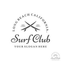 årgång surfingbräda logotyp mall, surfing på en sommar strand.för företag, märke, semester, ,etikett, emblem. vektor