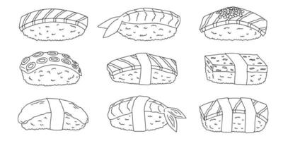 handgezeichnetes Sushi-Clipart-Set. Gerichte der traditionellen japanischen Küche. asiatisches Essen vektor