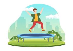 trampolinillustration mit der jugend, die auf ein trampoline in der hand gezeichneten flachen karikatursommer-hintergrundschablone für aktivitäten im freien springt vektor