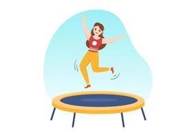 trampolin illustration med ungdom Hoppar på en studsmattor i hand dragen platt tecknad serie sommar utomhus- aktivitet bakgrund mall vektor