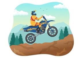 motocross-illustration mit einem fahrer, der ein fahrrad durch schlamm, felsige straßen und abenteuer in der handgezeichneten vorlage der extremsport-flachen karikatur fährt vektor