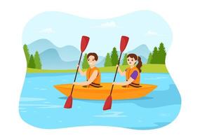 människor njuter rodd illustration med kanot och segling på flod eller sjö i aktiva vatten sporter platt tecknad serie hand dragen mall vektor