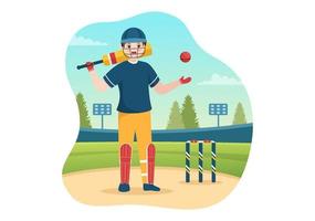 schlagmann, der cricket-sportillustration mit schläger und bällen auf dem feld für meisterschaft in flachen handgezeichneten vorlagen der karikatur spielt vektor