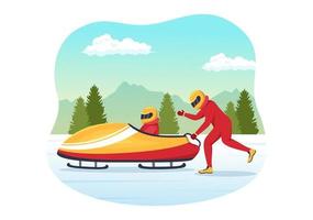 athlet, der schlittenbobillustration mit schnee, eis und bobbahn für den wettbewerb in den handgezeichneten vorlagen der flachen karikatur der wintersportaktivität reitet vektor