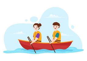 människor njuter rodd illustration med kanot och segling på flod eller sjö i aktiva vatten sporter platt tecknad serie hand dragen mall vektor