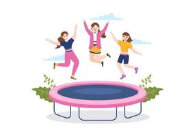 trampolin illustration med ungdom Hoppar på en studsmattor i hand dragen platt tecknad serie sommar utomhus- aktivitet bakgrund mall vektor