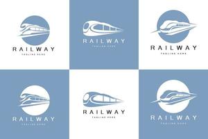 Zug-Logo-Design. Schnellbahngleisvektor, schnelle Transportfahrzeugillustration, passender Landtransport der Lokomotive-Eisenbahngesellschaft und schnelle Lieferung