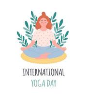 Frau sitzt in Lotus-Pose und meditiert auf Matte. Welt-Yoga-Tag. psychische Gesundheitsversorgung, Entspannung, Erholung, Yoga-Praxis. vektor