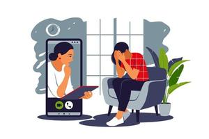 Psychologiejob online. Beratung bei Depressionen und Angstzuständen. Zwei Frauen sitzen und unterhalten sich online. Konzept der psychischen Gesundheit. Vektor-Illustration. vektor